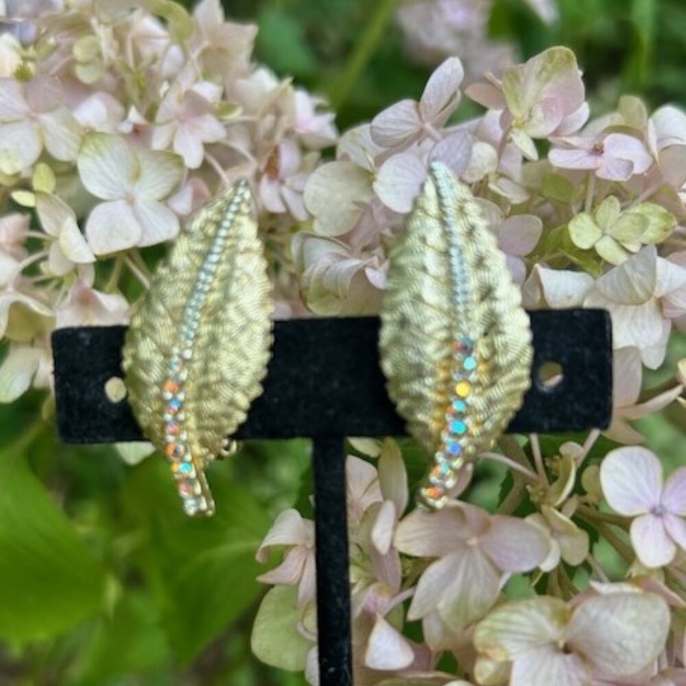 VTG Brushed Gold AB Rhinestone Leaf EARRINGS